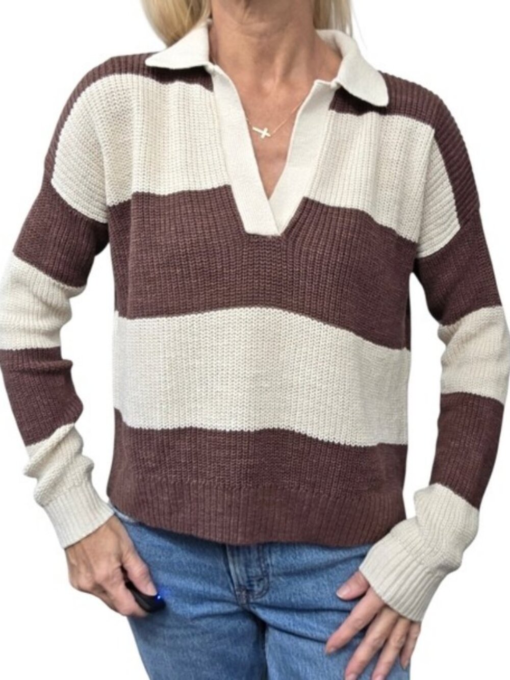 Faherty Miramar Linen Polo Sweater Cocoa Rugby Stripe XS